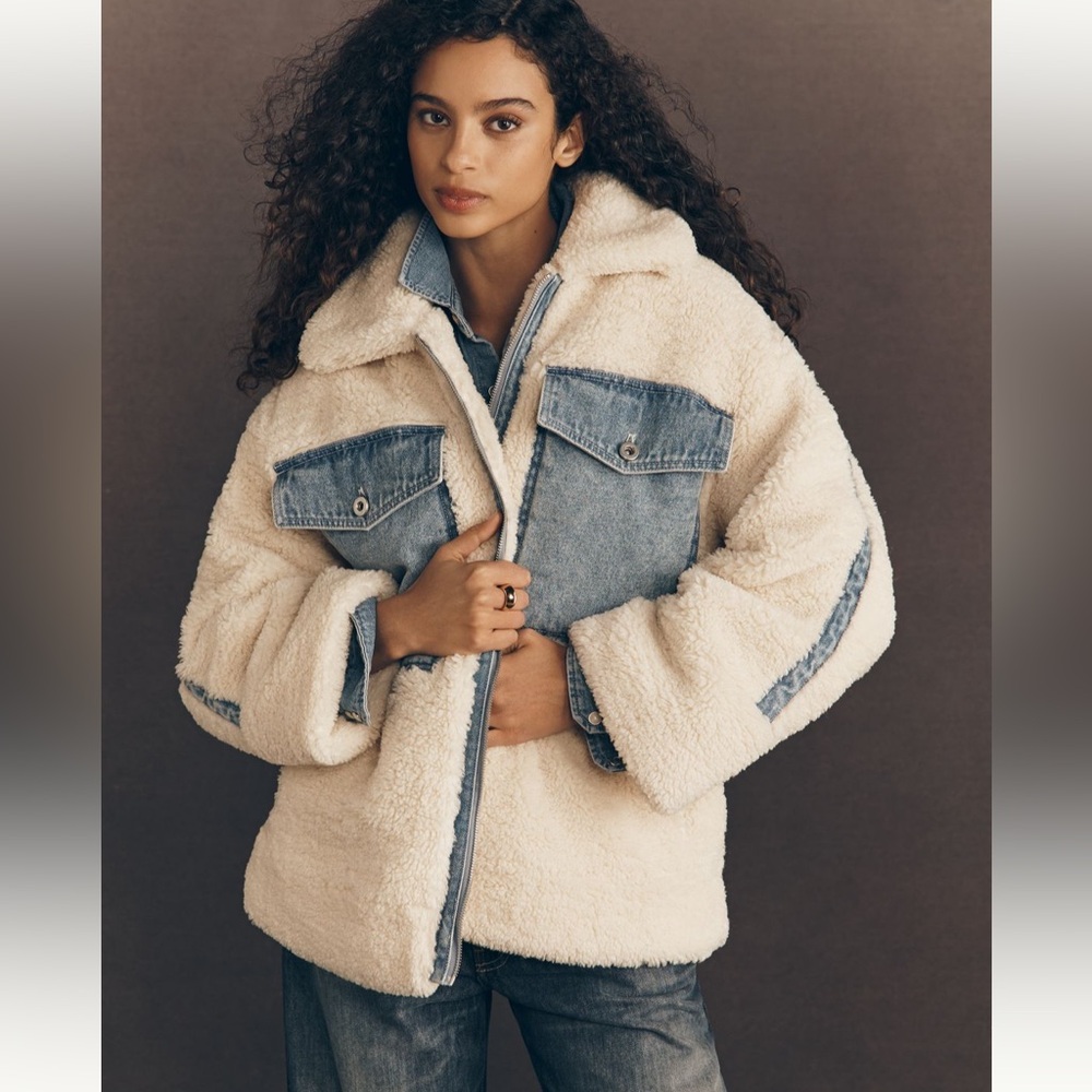 Anthropologie Cream Sherpa Jacket with Denim Panels - Women